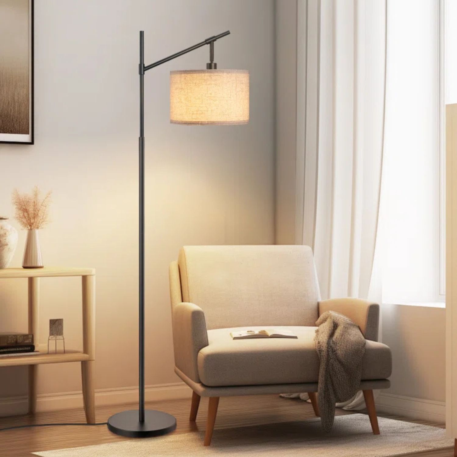 Banty 63.8'' Arched Arc Floor Lamp with Gold-Finished Metal Legs White Linen Drum Shade Elegant Ambient Lighting for Living Room