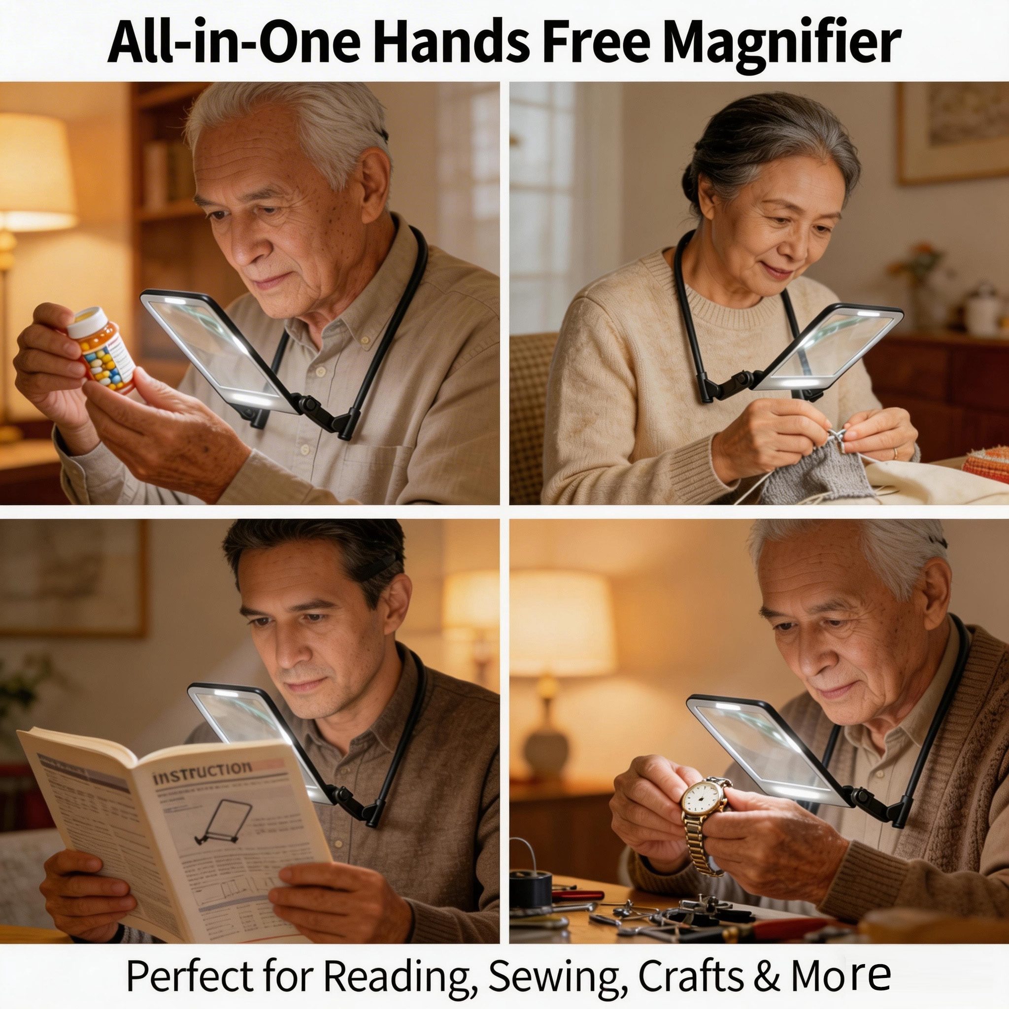 LED Neck Light With 5X Magnifier Hands Free Reading Lamp 3 Color Modes USB Rechargeable for Reading Repair Craft Hobby