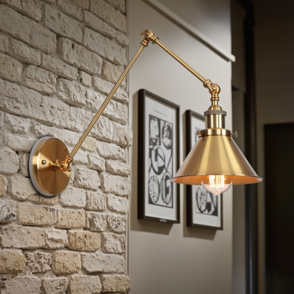 Adjustable Modern Arm Wall Swing Lamp Industrial Iron Body E26 Base Gold Shade 5000K Daylight for Living Room Recessed