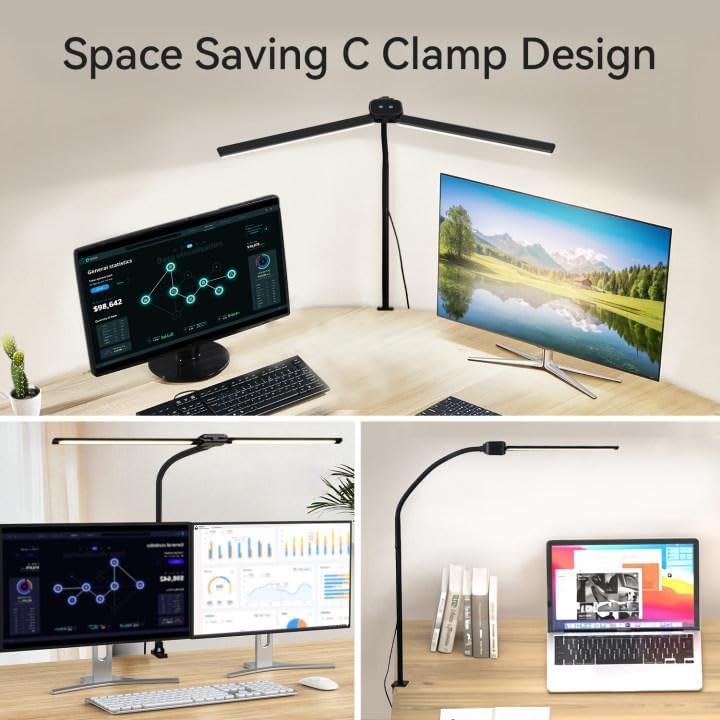 LED Desk Lamp Double Head Modern Black Architect Desk Lights Home Office Clamp 3 Color 5 Brightness Long Flexible Gooseneck Eye