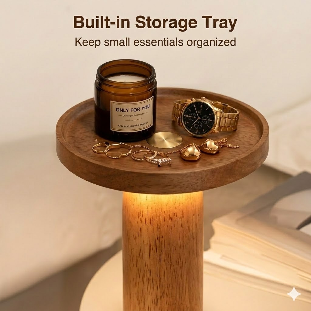 Modern Solid Wood Tray Table Lamp Stepless Dimmable Cordless LED Bedside Light with 2000mAh Battery Portable for Gift &amp; Decor