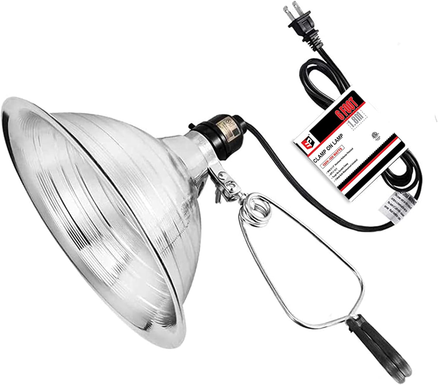 Clamp Lamp Light with Detachable 8.5 Inch Aluminum Reflector, 150 Watt E26 Socket (No Bulb Included), 6 Foot 18/2 SPT-2
