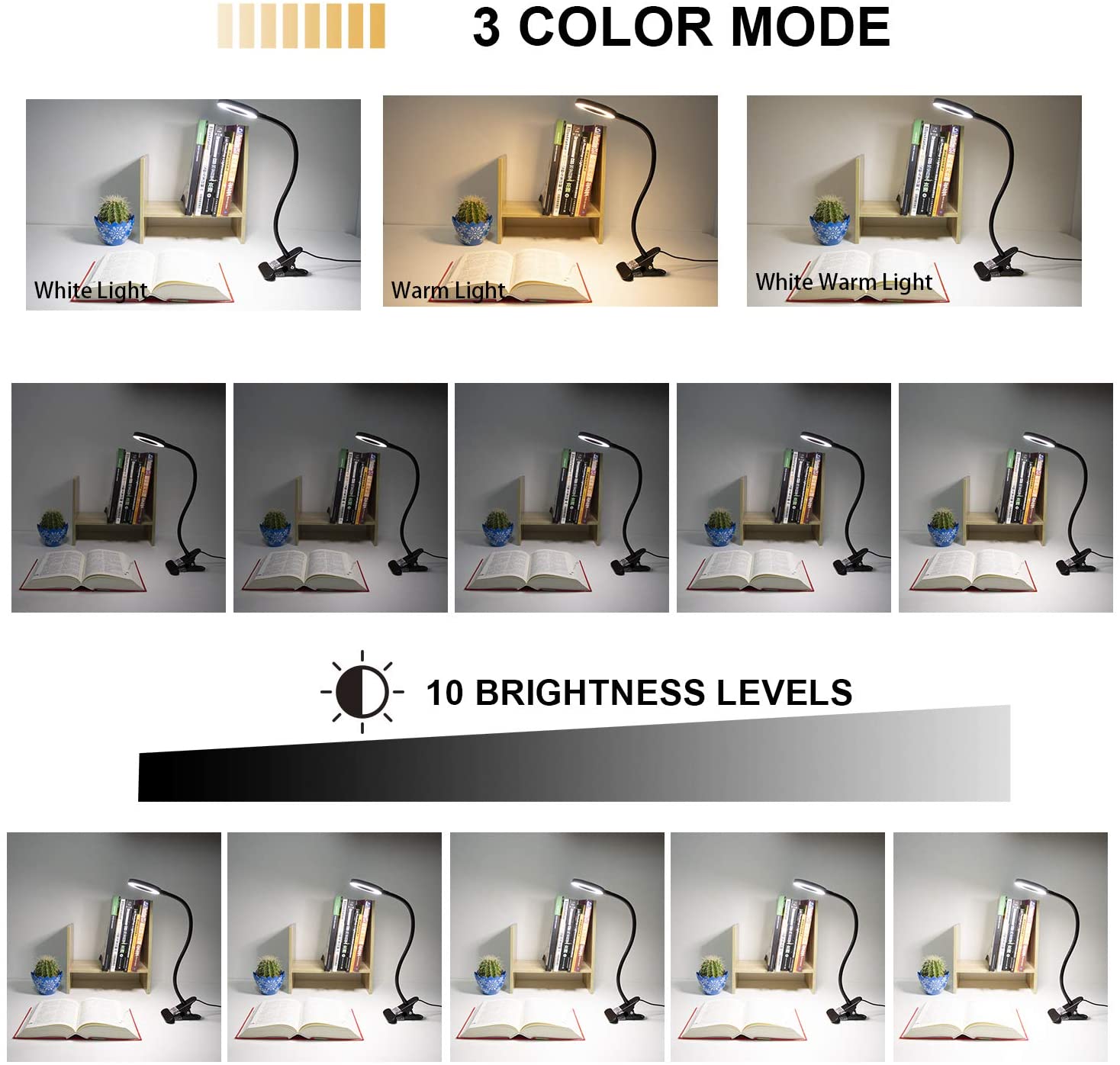 Dimmable 10 Brightness 3 Modes Desk Clip on Lamp for Reading Home Office Sturdy Clamp and Flexible Gooseneck Clamp Ring Light