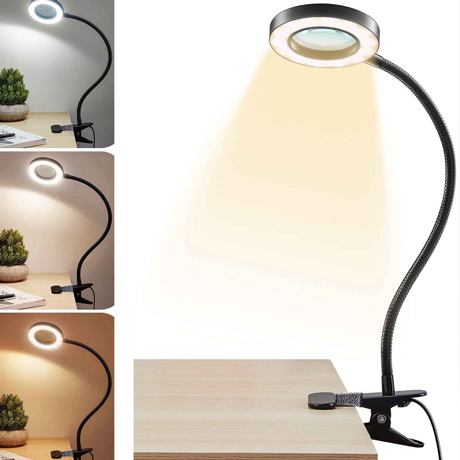 5X Magnifying Glass Desk Lamp with Clamp 3 Color Modes Flexible Gooseneck LED Desk Lamp