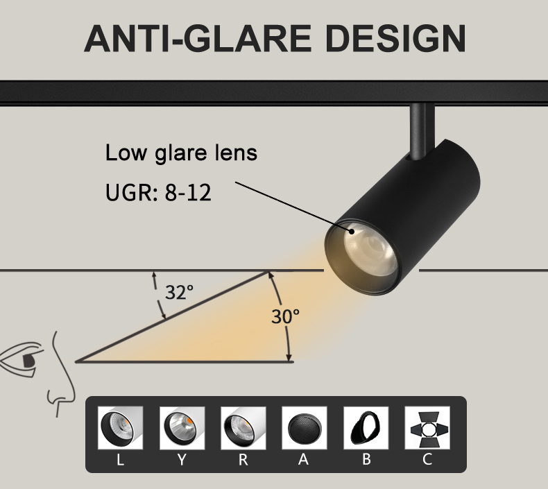 GOSUN Anti Glare UGR: 10-15 48V Magnetic Track Light System Rail Zoomable 6W Led Track Magnetic Light