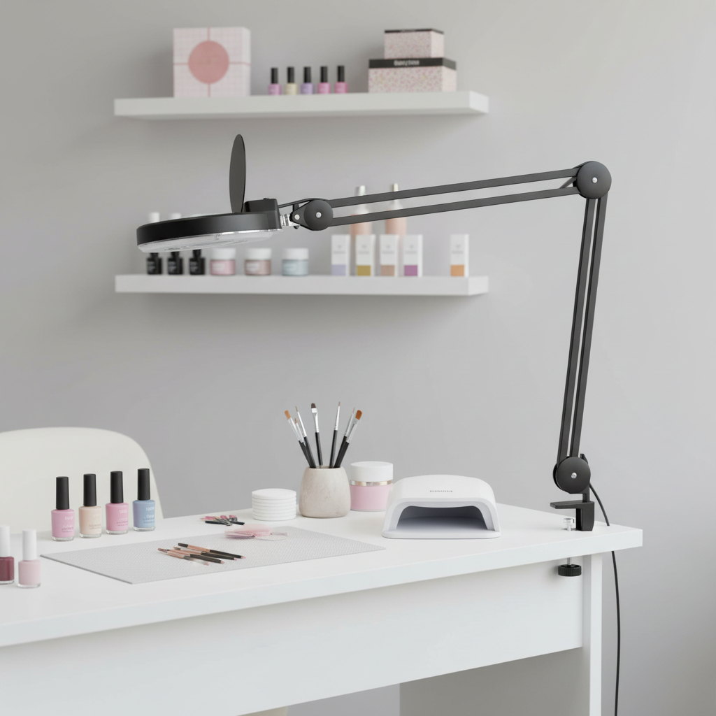 Beauty Salon Embroidered Cold Light LED Folding Long Arm Eye Protection Reading Table Lamp Clip on Magnifying Glass Cold Light