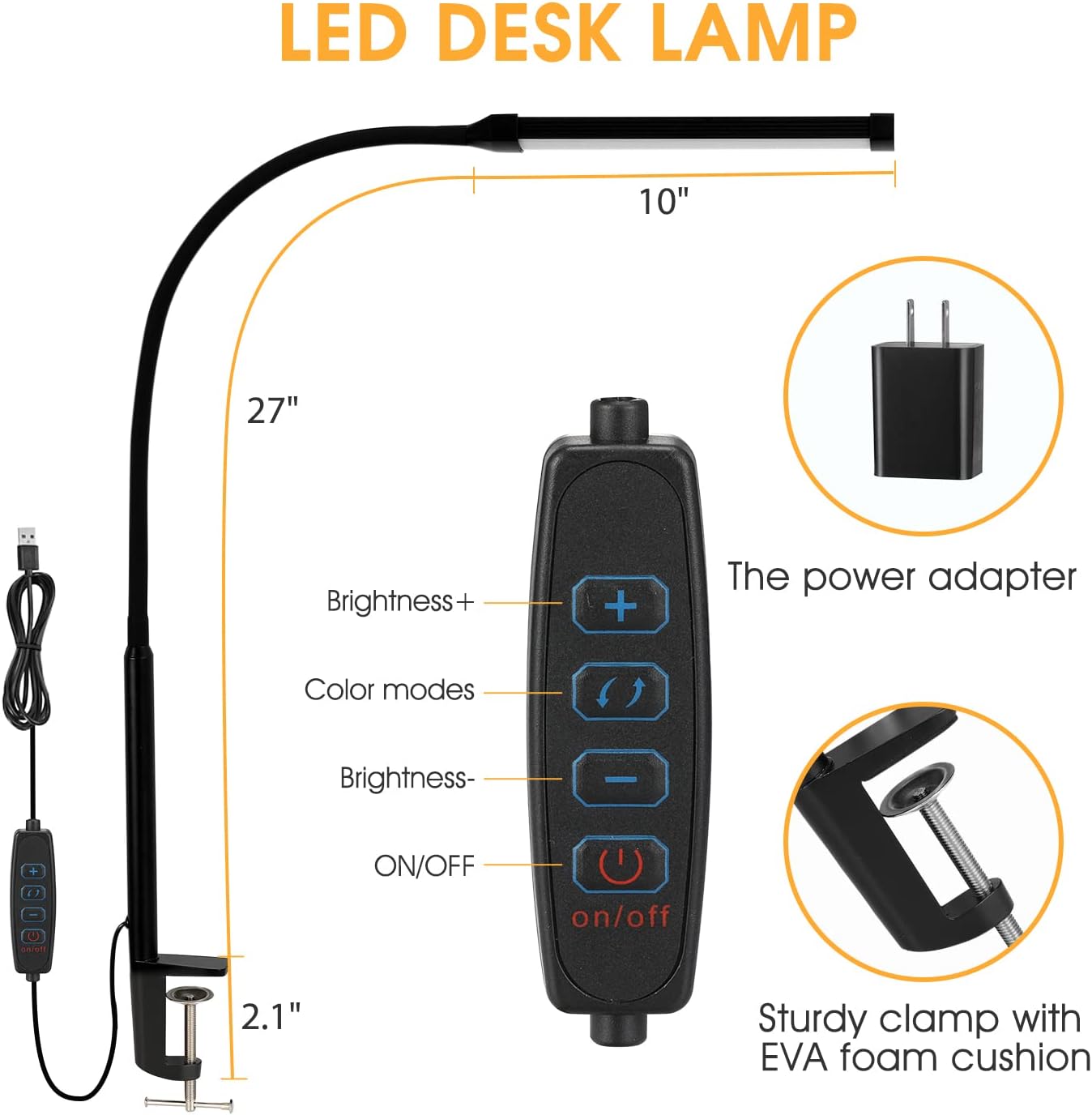 LED Desk lamp with Clamp, Eye-Caring Clip on Lights for Home Office Long Flexible Gooseneck, Metal.