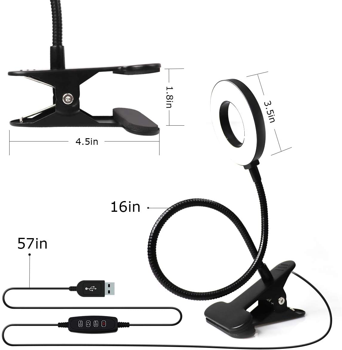 Dimmable 10 Brightness 3 Modes Desk Clip on Lamp for Reading Home Office Sturdy Clamp and Flexible Gooseneck Clamp Ring Light