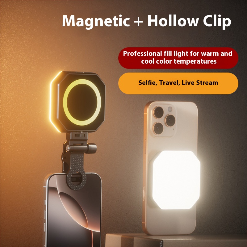 LED Selfie Light 3000-6500K Magnetic Rechargeable Clip-on Phone Light for Live Stream TikTok Video Makeup Fill Light Plastic