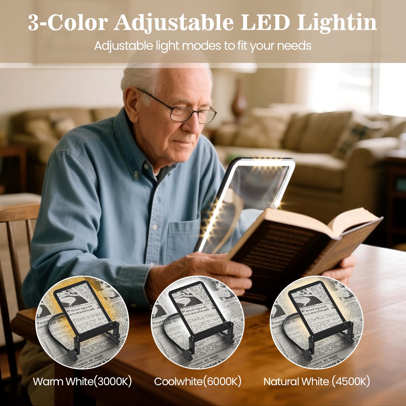 Low Vision Magnifier Light Stepless Dimming Eye Caring Lamp for Seniors Macular Degeneration Reading