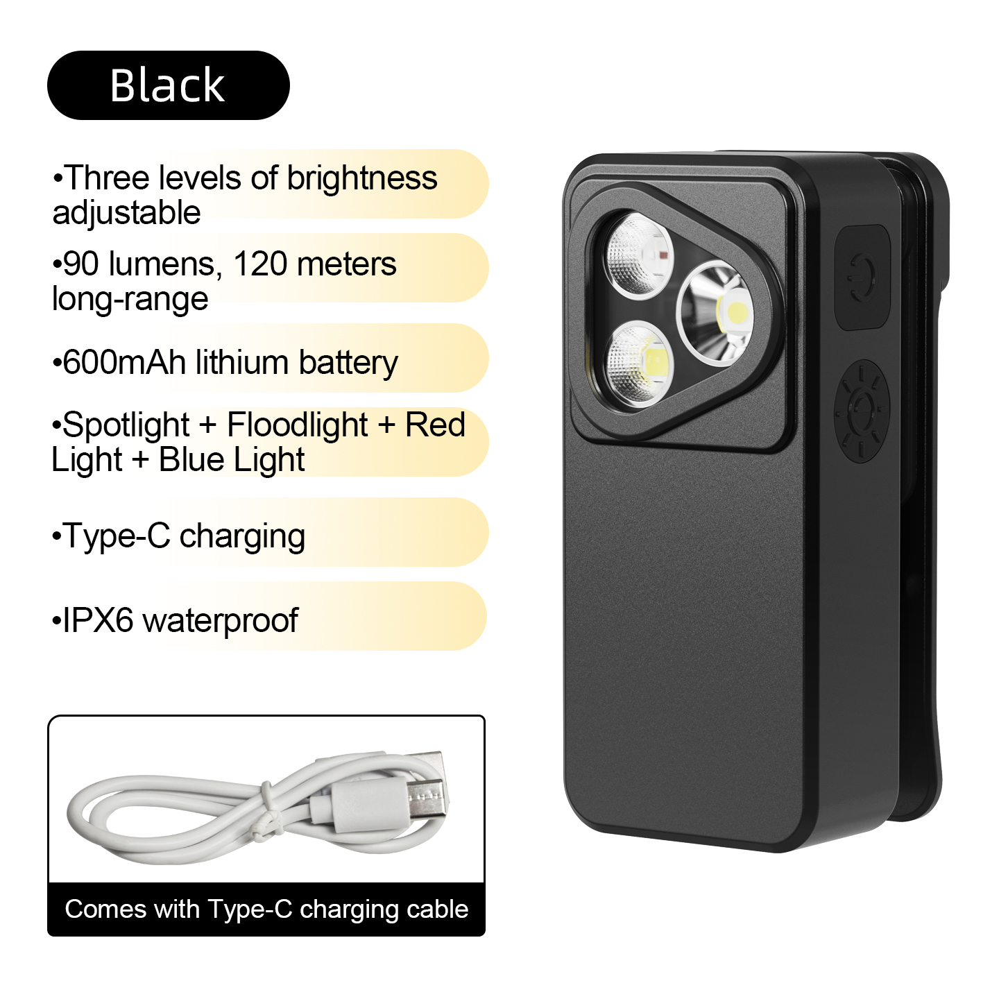 Rechargeable EDC Flashlight Clip-on Light Three Lighting Solutions USB C Charging Magnetic IPX6 Waterproof (Black)