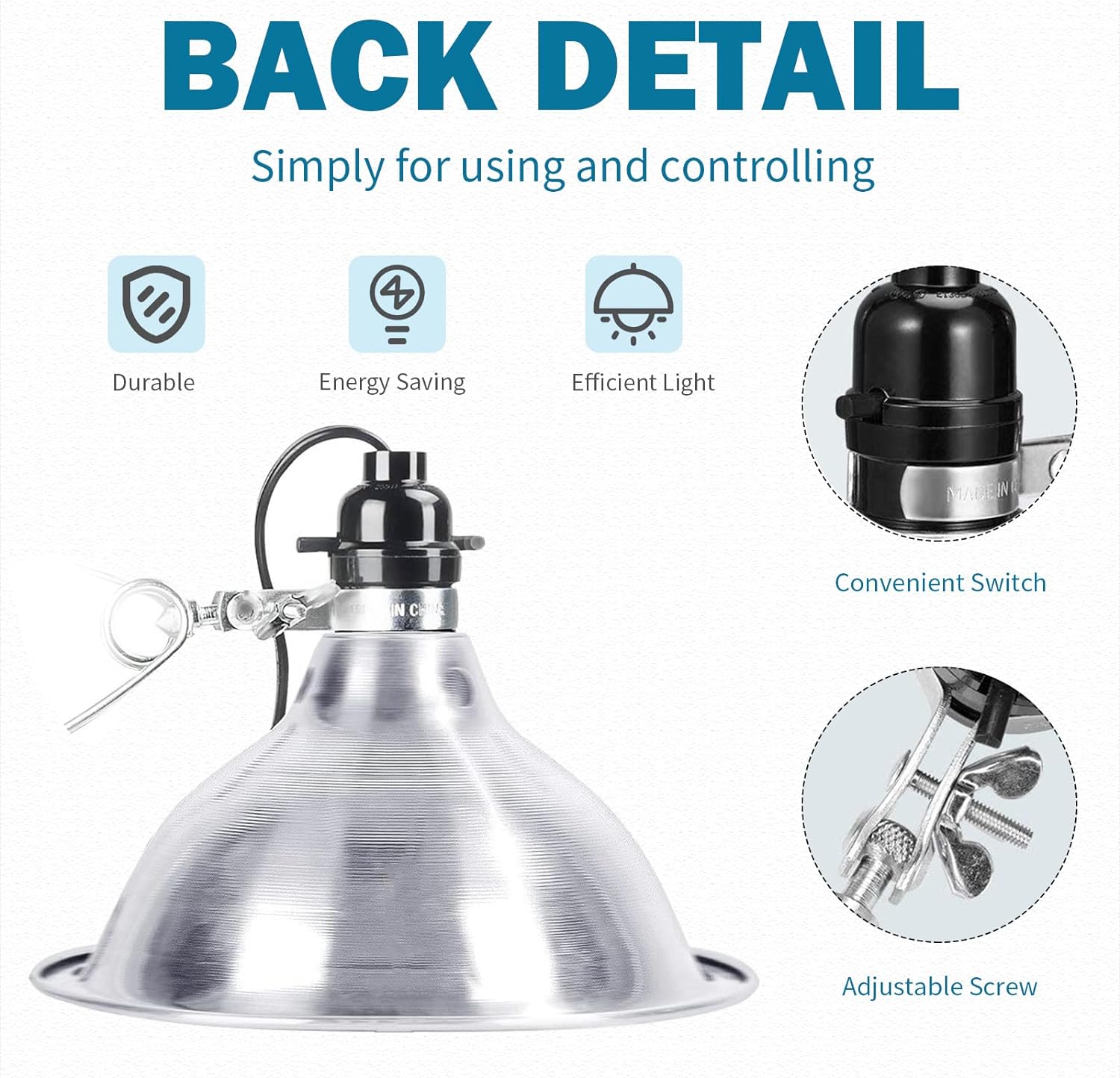 Clamp Lamp Light with Detachable 8.5 Inch Aluminum Reflector, 150 Watt E26 Socket (No Bulb Included), 6 Foot 18/2 SPT-2