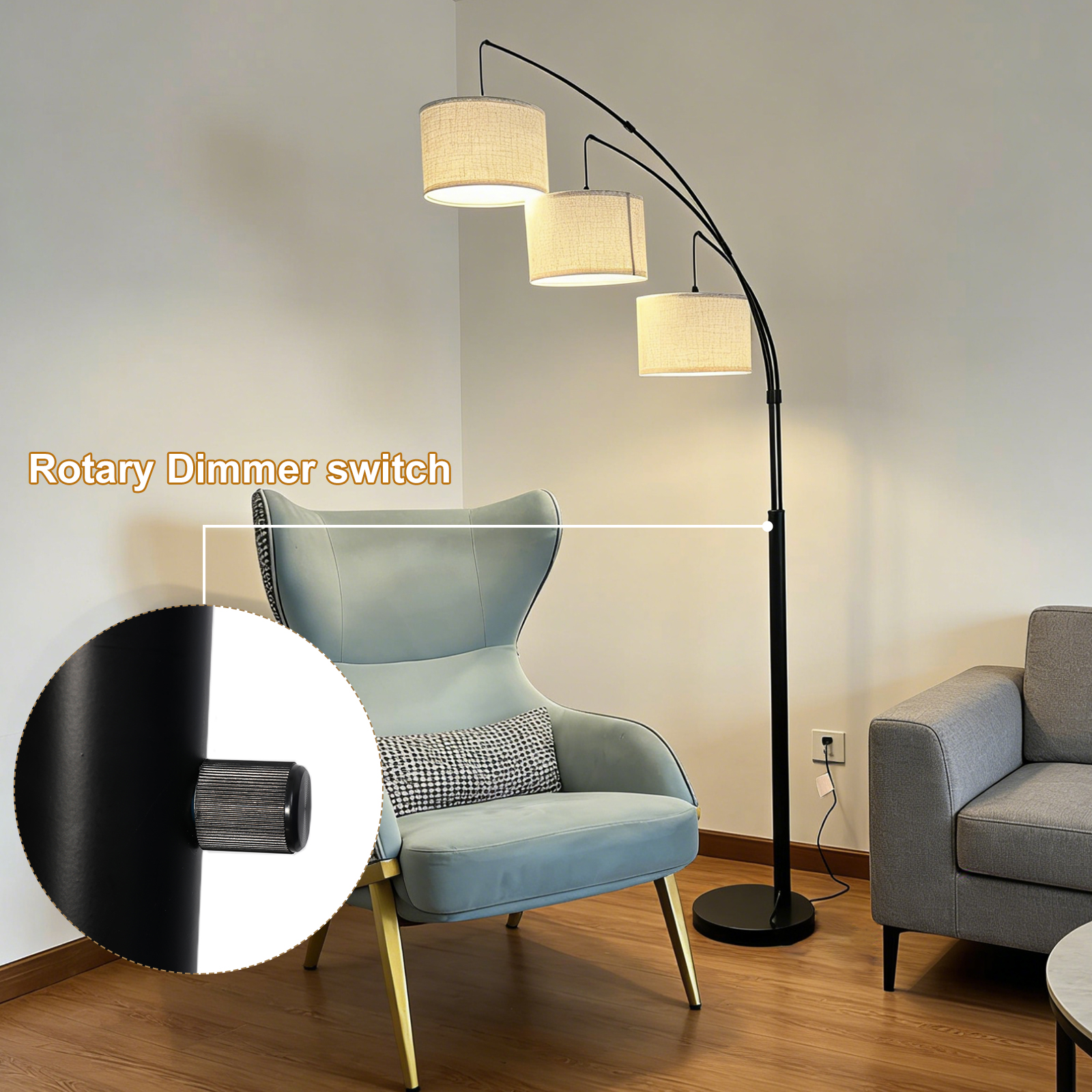 2026 New Dimmable Arc Floor Lamp Rotary Switch Standing Lamp with Linen Shade and Heavy Base, Mid Century Tree Lamp