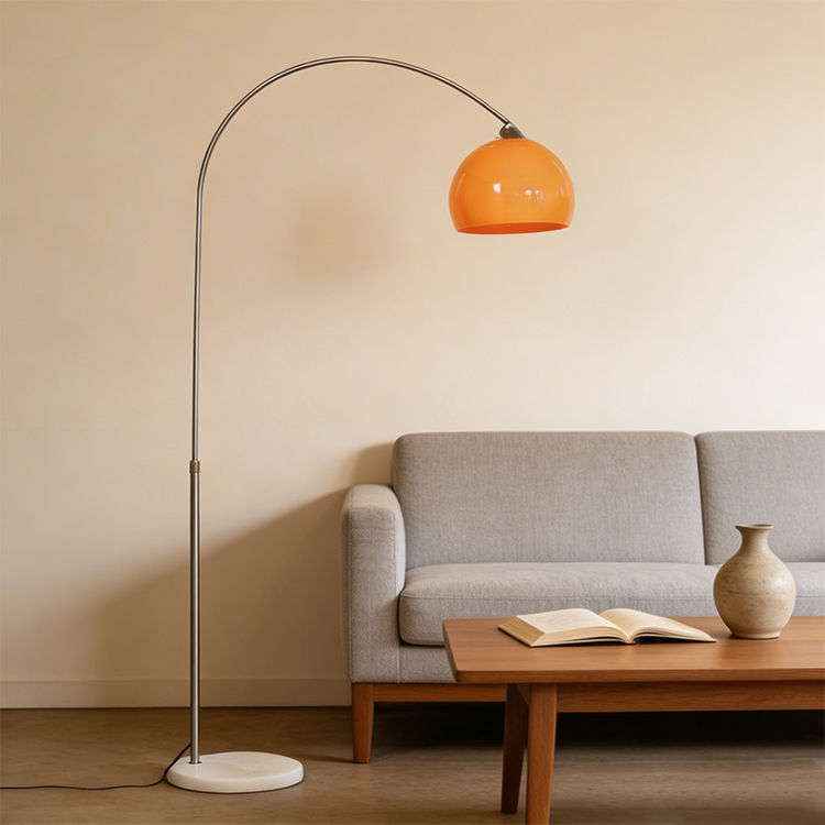 Arc Floor Lamp Orange Glass Shade Stainless Steel Curved Standing Lamp for Living Room Reading Corner Modern Home Decor Lighting