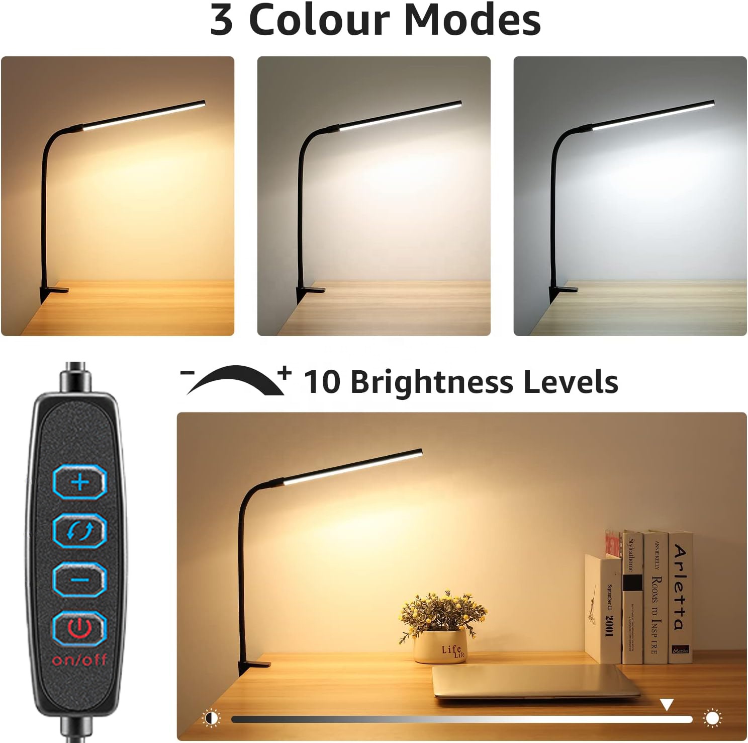 A Head Eye Protection Lamp Bow Clamp, 3 Color Modes &amp; 10 Brightness Flexible Gooseneck USB Desk Lamp for Home Office Makeup