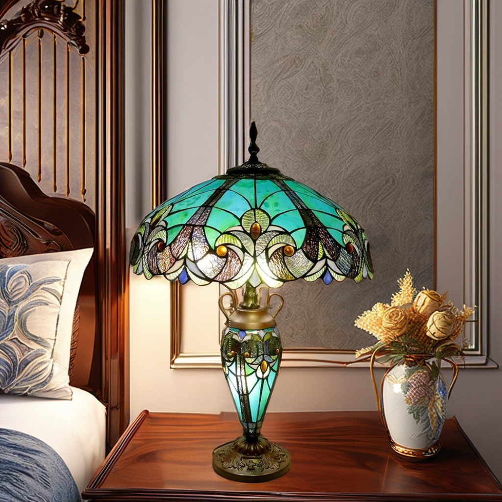 Vintage Tiffany Style Table Lamp Handmade Stained Glass For Bedroom Living Room Home Office