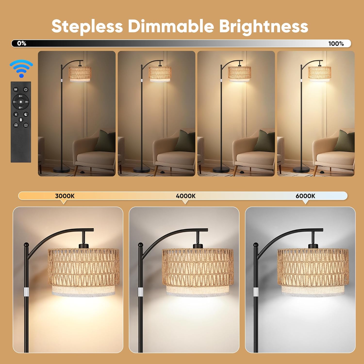 Boho Chic Rattan &amp; Linen Double Shades Arc Floor Lamps for Living Room &amp; Bedroom 9W Bulb Foot Switch Drum Style for Office Use