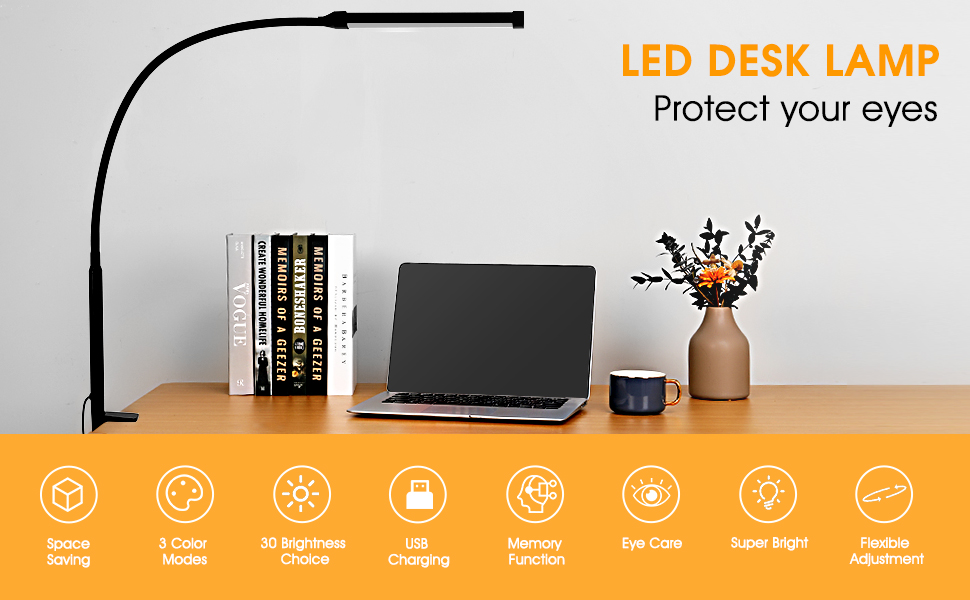 LED Desk lamp with Clamp, Eye-Caring Clip on Lights for Home Office Long Flexible Gooseneck, Metal.