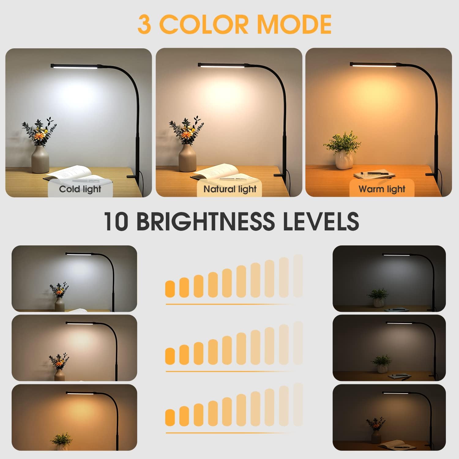 LED Desk lamp with Clamp, Eye-Caring Clip on Lights for Home Office Long Flexible Gooseneck, Metal.