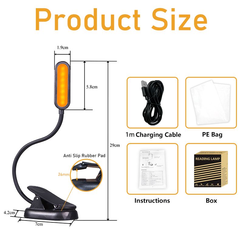 YARRAE Amber Color Rechargeable Book Light Eye Care Blue Blocking Clip Night Light Bedside LED Reading Light