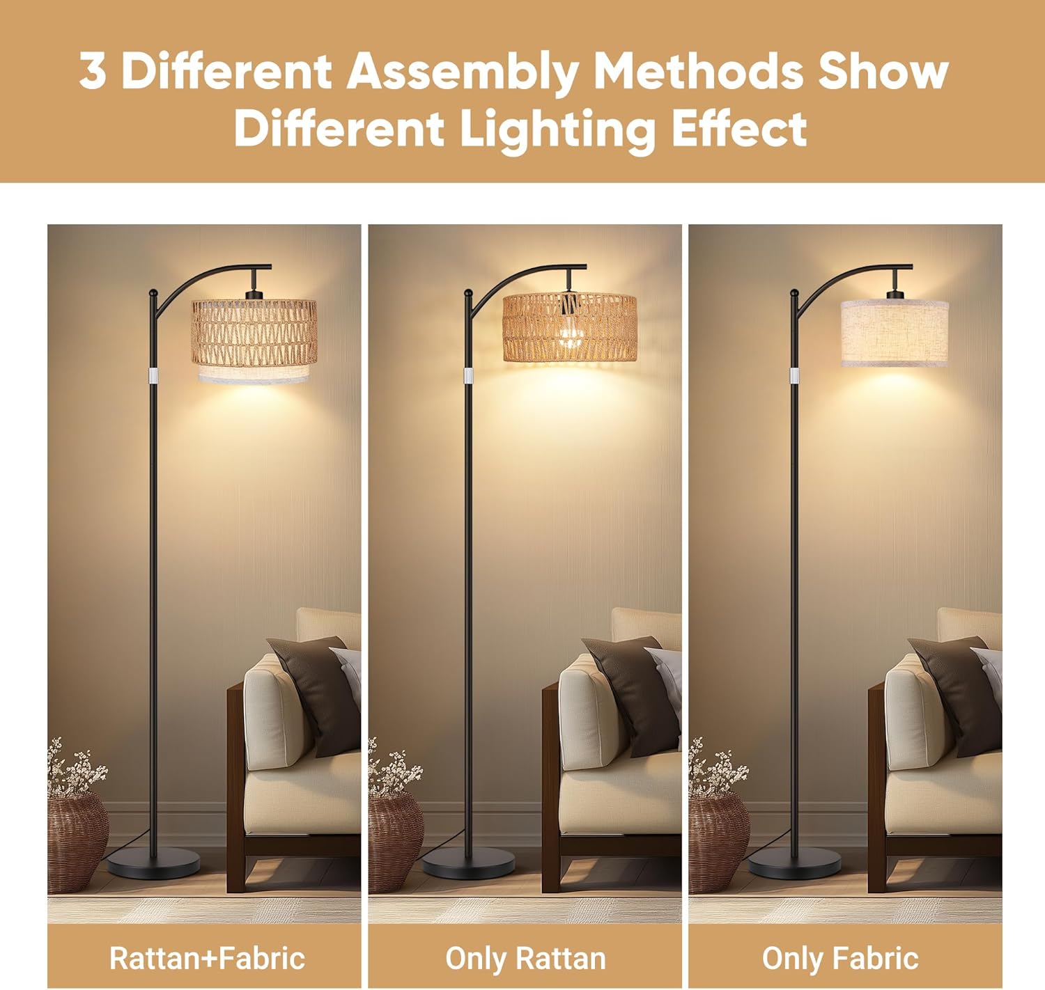 Boho Chic Rattan &amp; Linen Double Shades Arc Floor Lamps for Living Room &amp; Bedroom 9W Bulb Foot Switch Drum Style for Office Use