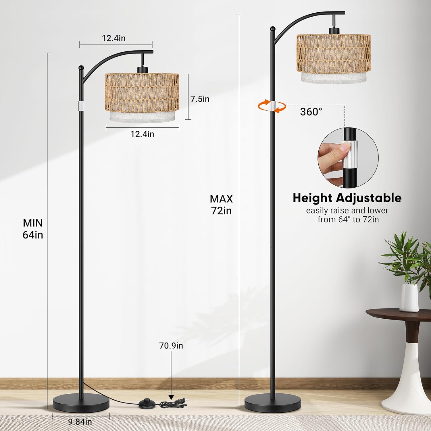 Boho Chic Rattan &amp; Linen Double Shades Arc Floor Lamps for Living Room &amp; Bedroom 9W Bulb Foot Switch Drum Style for Office Use