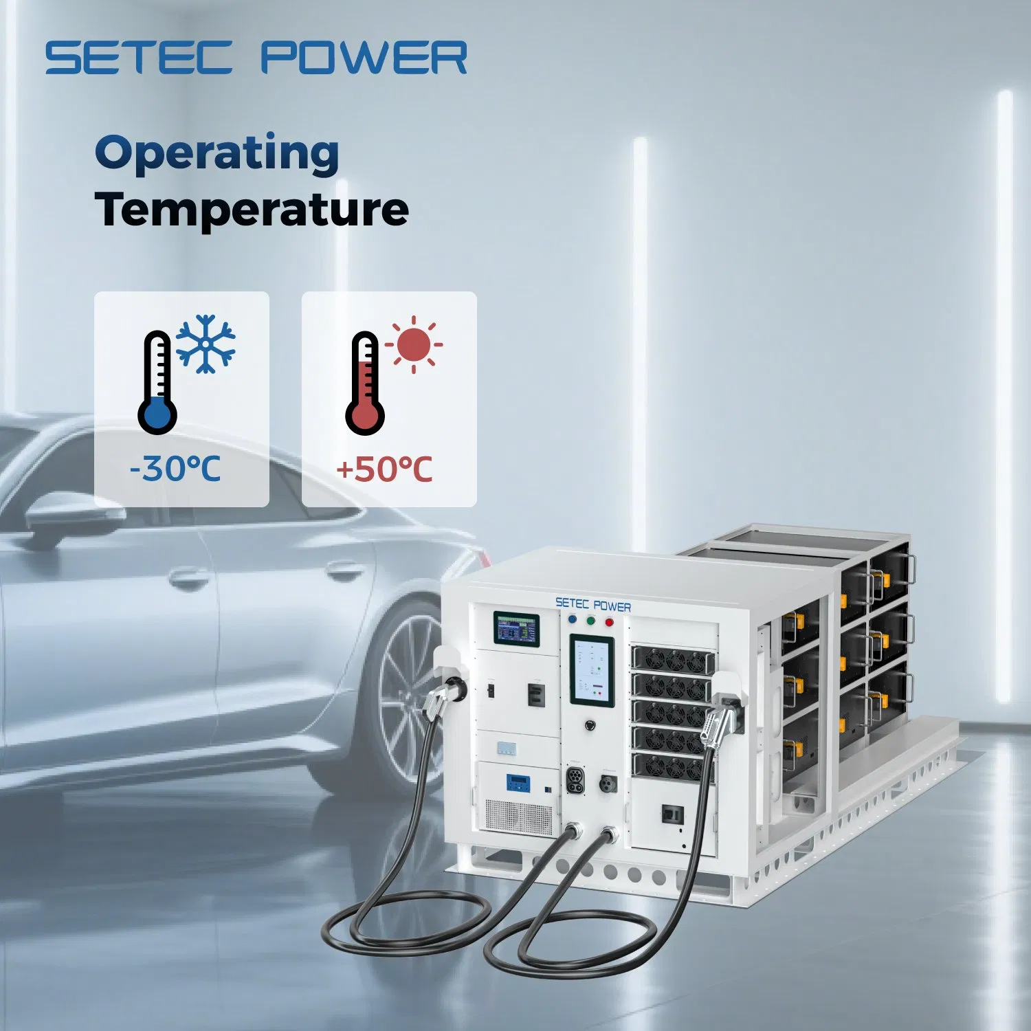 SETEC POWER Customizable Storage System PowerOnTheGo 30kWh to 120kWh with integrated Level 3 Ev Charging