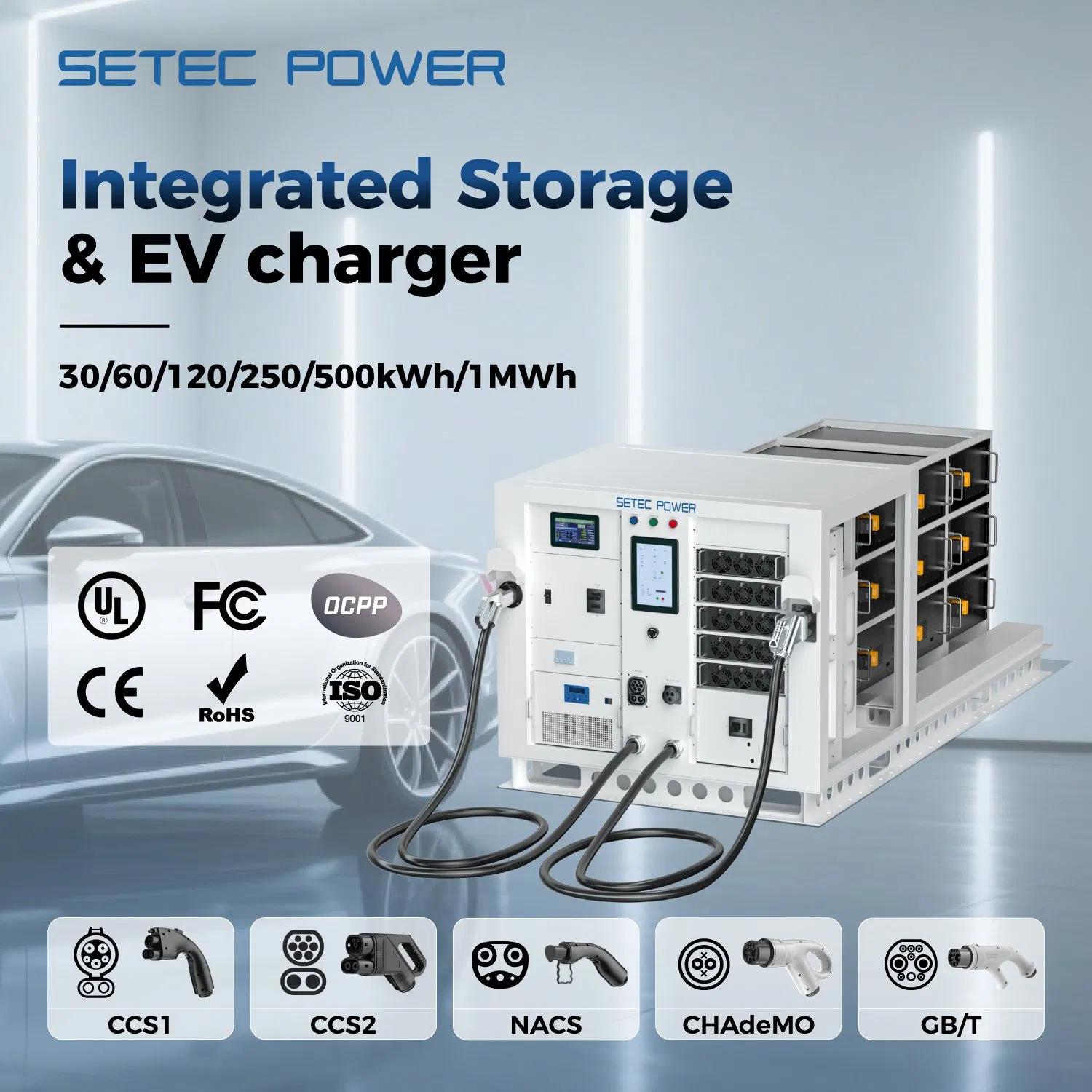SETEC POWER Waterproof Storage System PowerOnTheGo 30kWh to 120kWh Integrated EV Charging