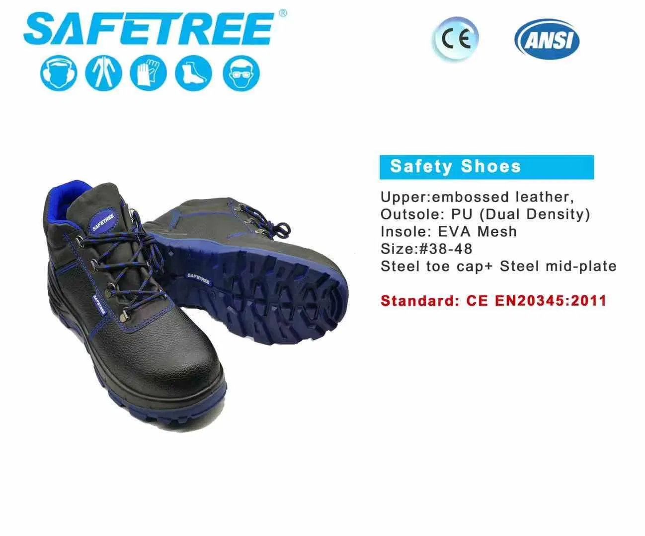 Safetree PPE Industrial&Construction Embossed Leather Safety Boot CE En20345 with Steel Toe