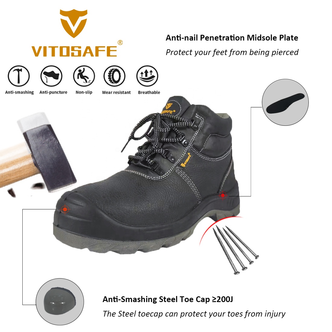 VITOSAFE Cheap Price High Quality Anti-slip Steel Toe Shoes Work Safety Shoes Boots for Men Botas De Seguridad Para Hombre