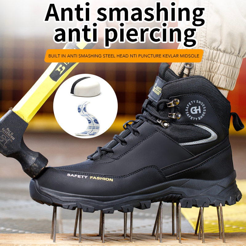 Mens Safety Shoes Steel Toe Boots Black Work Shoes Waterproof Work Safety Boots Construction High Top Protective Boots