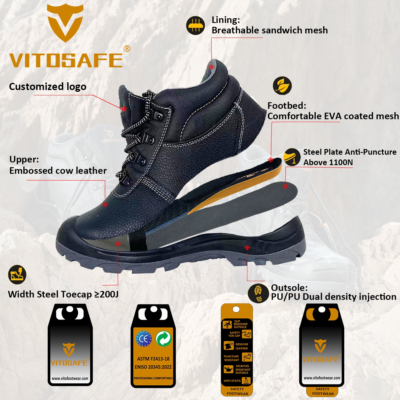 VITOSAFE Cheap Price High Quality Anti-slip Steel Toe Shoes Work Safety Shoes Boots for Men Botas De Seguridad Para Hombre