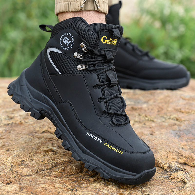 Mens Safety Shoes Steel Toe Boots Black Work Shoes Waterproof Work Safety Boots Construction High Top Protective Boots
