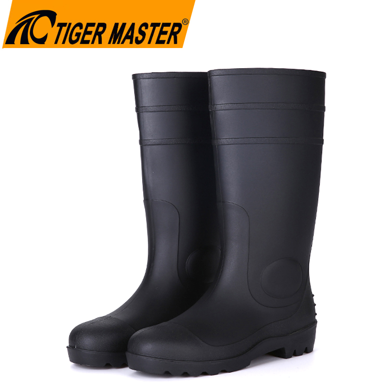 Black CE Verified Anti Slip Oil Acid Alkali Resistant Prevent Puncture Construction Site PVC Safety Rain Boots with Steel Toe
