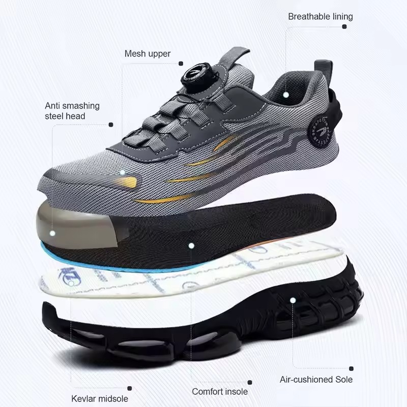 Wholesale Spin Turn Steel Toe Sport Work Shoes, Breathable Rotate Button Safety Shoes for Men, Light Weight OEM ODM Safety Shoes