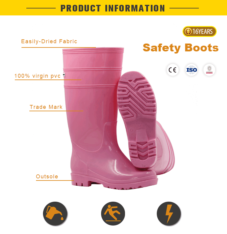 Thick Soled Cheap Popular Designed Unisex Pink Pvc Safety Waterproof Work Fishing Boots Rain Boots Wholesale