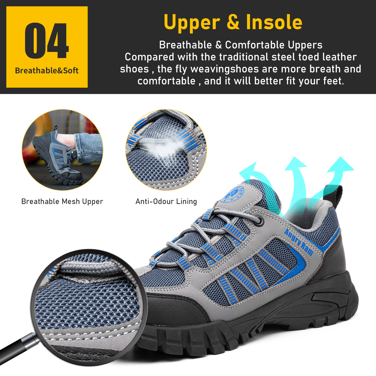 Lightweight Breathable Deodorant Work Shoes Summer Safty Shoes Men Safety Shoes with Rubber Bottom