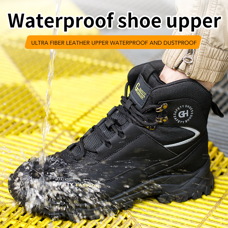 Mens Safety Shoes Steel Toe Boots Black Work Shoes Waterproof Work Safety Boots Construction High Top Protective Boots