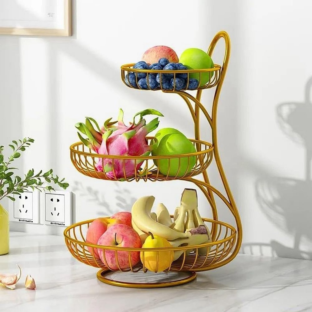 Luxury Three-Layer Fruit Mesh Basket Multi-Functional Household Iron Wire Circle Shape Elegant Wire Fruit Tray