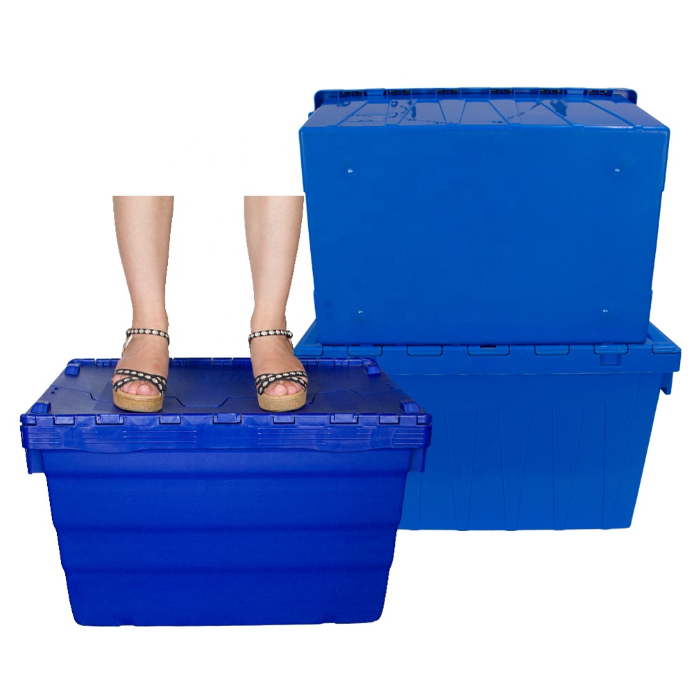 80L Stackable Tote Bin Nestable and Stackable Plastic Crate Heavy Duty Attached Lid Crates
