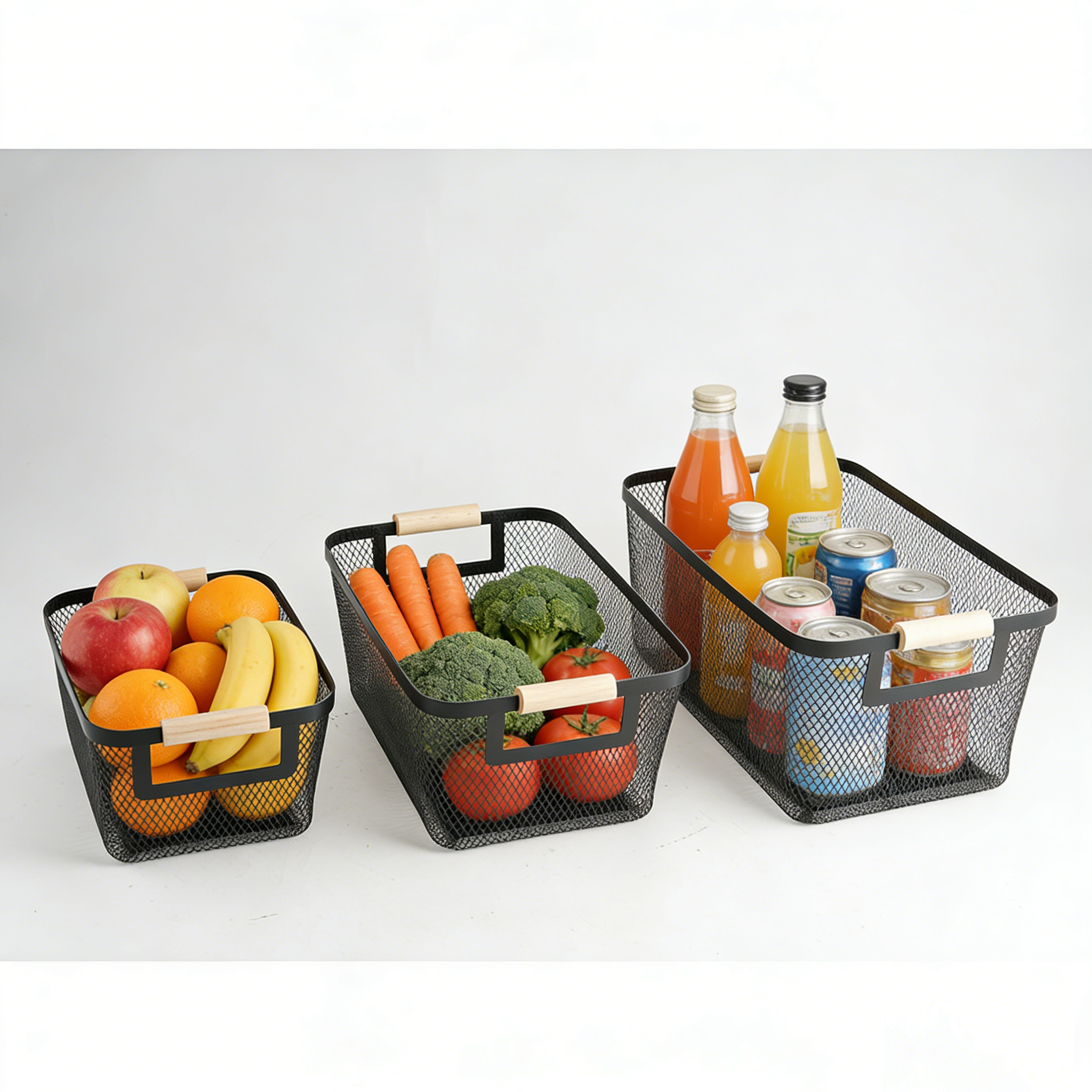 Wire Mesh Baskets Set of 3pcs for Organizing with Wooden Handle Storage Baskets Sancks Organizers and Fruit Vegetable Storage