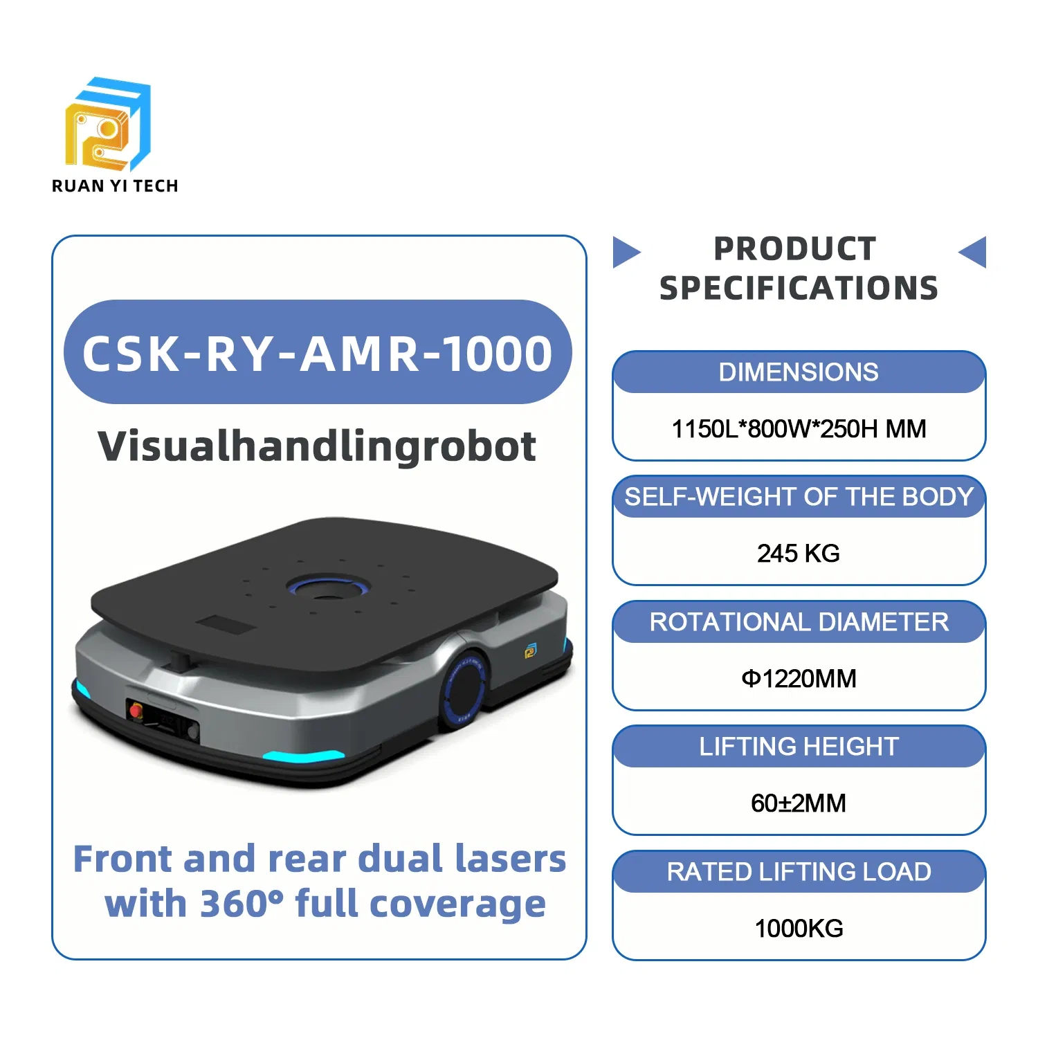 1000kg Autonomous Mobile Robot Agv with Slam for Warehouse Lifting