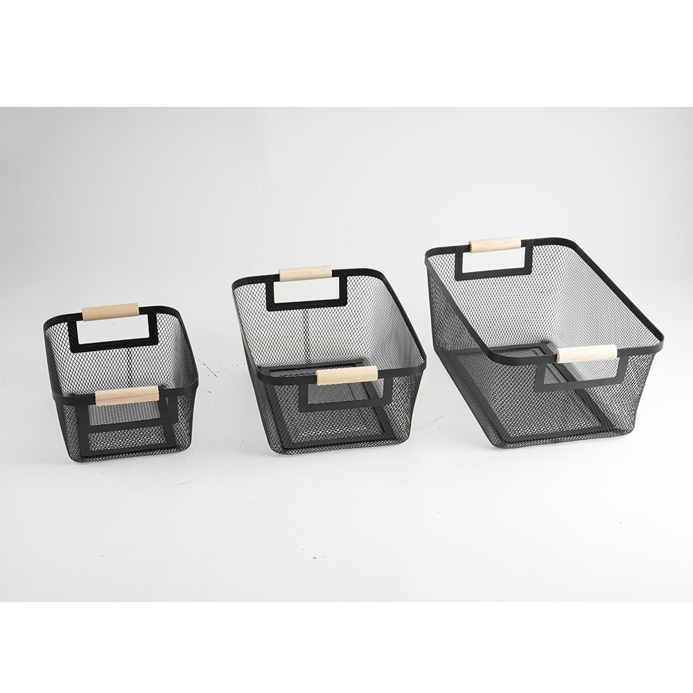 Wire Mesh Baskets Set of 3pcs for Organizing with Wooden Handle Storage Baskets Sancks Organizers and Fruit Vegetable Storage