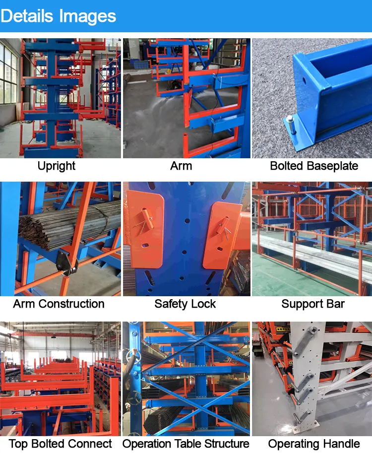Blue Upright Orange Arm Customized Handle Warehouse Industrial Telescopic Heavy Duty Sheet Metal Storage Roll out Cantilever Rack for Long Metal Cargo