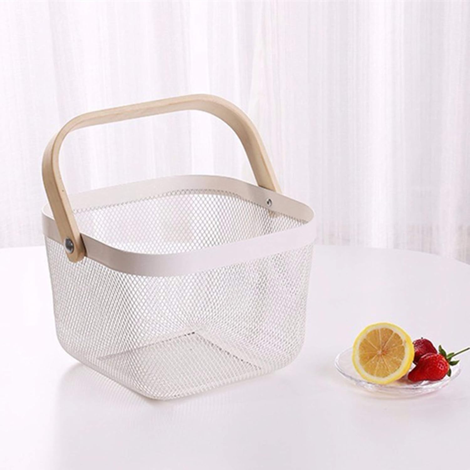Wholesale White Small Square Organizing Metal Mesh Steel Wire Harvest Storage Basket with Bamboo Handle