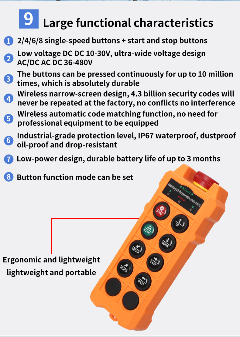 HB-4S Wireless Waterproof IP67 Pendant Control Station Radio 24 Volts Industrial Remote Control for Crane