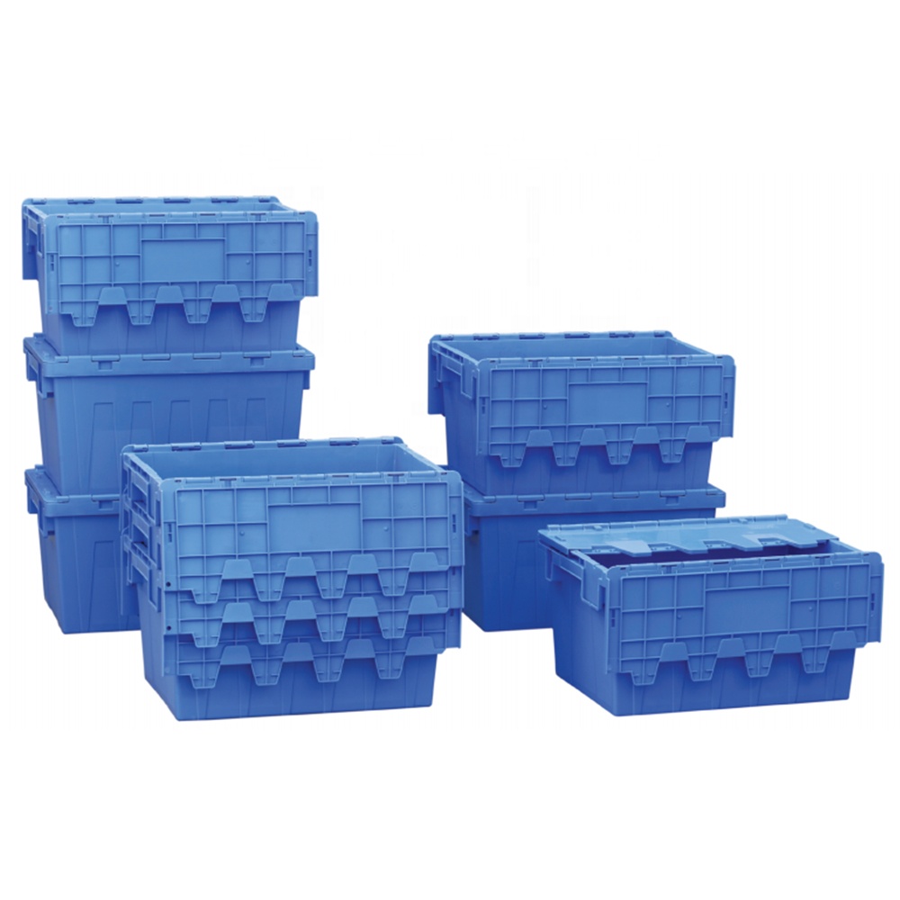 80L Stackable Tote Bin Nestable and Stackable Plastic Crate Heavy Duty Attached Lid Crates