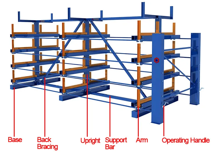 Blue Upright Orange Arm Customized Handle Warehouse Industrial Telescopic Heavy Duty Sheet Metal Storage Roll out Cantilever Rack for Long Metal Cargo