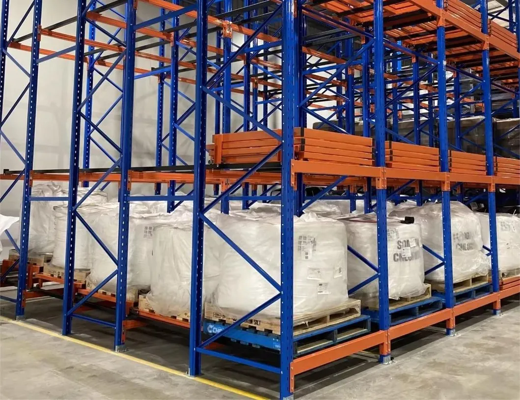 Commercial Warehouse Push Back Storage Pallet Racking System Flow with Rail