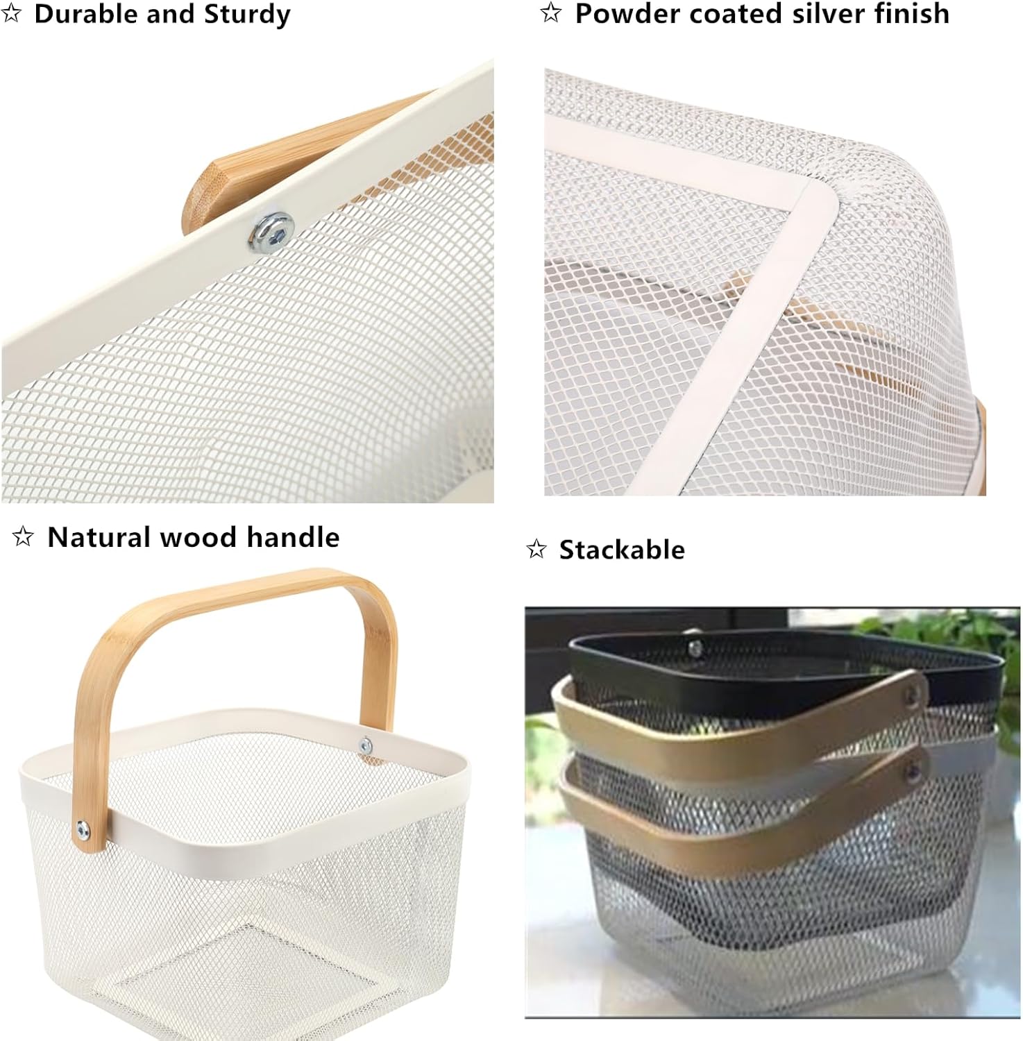 Wholesale White Small Square Organizing Metal Mesh Steel Wire Harvest Storage Basket with Bamboo Handle
